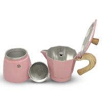 Horecamark Aluminyum Moka Pot 3 Kupa - Pembe Renk - Ahşap Kulp