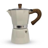 Horecamark Aluminyum Moka Pot 6 Kupa - Beyaz Renk - Ahşap Kulp