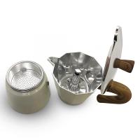 Horecamark Aluminyum Moka Pot 6 Kupa - Beyaz Renk - Ahşap Kulp