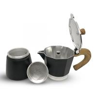 Horecamark Aluminyum Moka Pot 6 Kupa - Siyah Renk - Ahşap Kulp