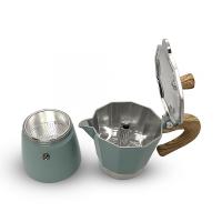 Horecamark Aluminyum Moka Pot 6 Kupa Turkuaz Renk Ahşap Kulp