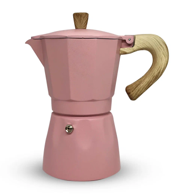 Horecamark Aluminyum Moka Pot 3 Kupa - Pembe Renk - Ahşap Kulp