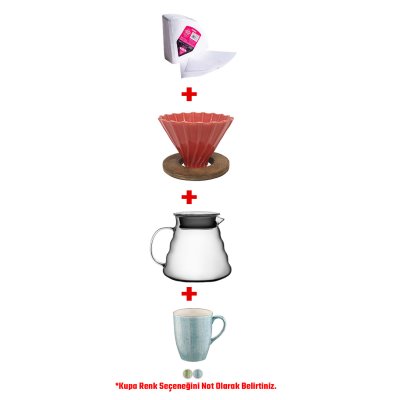 Horecamark V60 Dripper Set Coffeer Ahşap Standlı Seramik Dripper + Cam Servis Potu + Bonna Kupa Mug + Hario 100'lü Paket Filtre Kağıdı