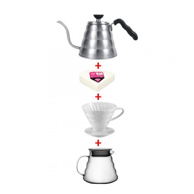 Horecamark V60 Dripper Set DRP Porselen Dripper + Cam Servis Potu + Paslanmaz Drip Kettle + Hario 100'lü Paket Filtre Kağıdı