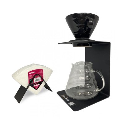 Horecamark V60 Pro Coffeer Set Seramik V60 Cam Servis Potu 100 Adet Hario Filtre Kağıdı Metal Dripper Standı ve Metal Filtre Kağıdı Tutucu