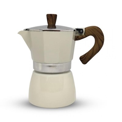 Horecamark Aluminyum Moka Pot 3 Kupa - Beyaz Renk - Ahşap Kulp