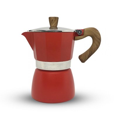 Horecamark Aluminyum Moka Pot 3 Kupa - Kırmızı Renk - Ahşap Kulp