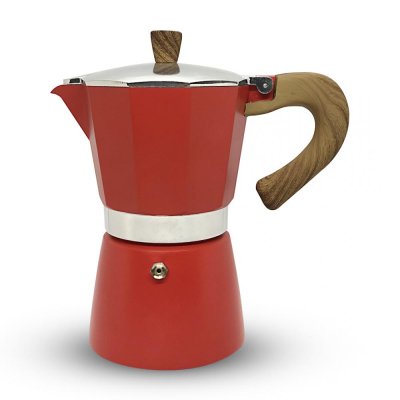 Horecamark Aluminyum Moka Pot 6 Kupa - Kırmızı Renk - Ahşap Kulp