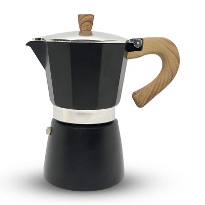 Horecamark Aluminyum Moka Pot 6 Kupa - Siyah Renk - Ahşap Kulp