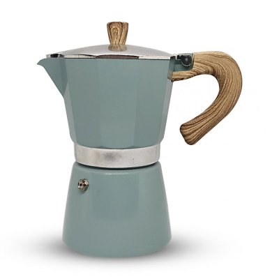 Horecamark Aluminyum Moka Pot 6 Kupa Turkuaz Renk Ahşap Kulp