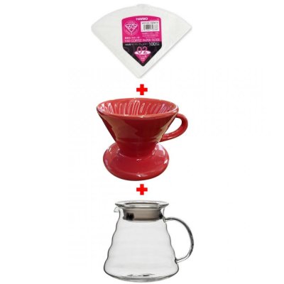 Horecamark V60 No: 2 Porselen Dripper Kırmızı + Cam Kahve Servis Potu  600 mm + Hario V60 No: 2 Filtre Kağıdı 100'lü Paket