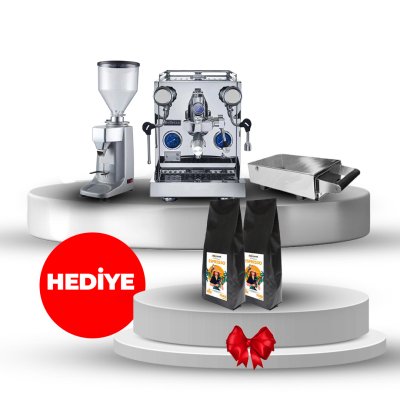 Horecamark Bellezza Inox Set, Bellezza Inizio R V2, Bellezza Kahve Posa Çekmecesi, Vosco KD-25G Kahve Değirmeni, 3 Adet Horecamark Espresso Kahve Çekirdeği