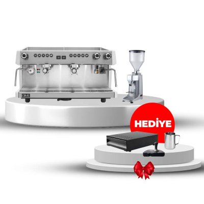 Horecamark Eco Grey Set, Cime Luna 2 Gruplu Espresso Makinesi, Vosco KD-25G Kahve Değirmeni, Hediye Mini Barista Seti
