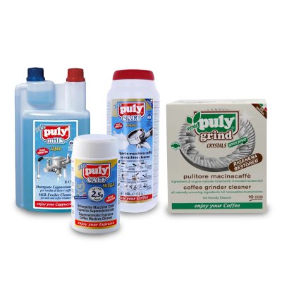 Puly Komple Temizlik Seti - Puly Milk Plus Sıvı Süt Temizleyici, Puly Caff Plus Powder Toz Espresso Makinesi Temizleyici, Puly Caff Plus Pastiglie Tablet, Puly Caff Grind Crystal Cleaner Kahve Öğütücü Temizleyici